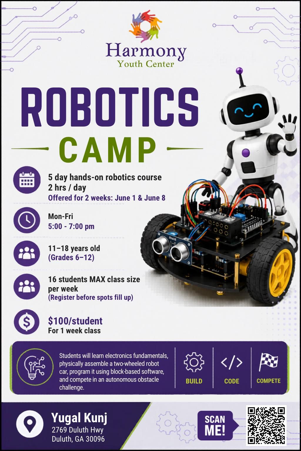 Harmony Youth Center Robotics Camp 2026 flyer — 5-day hands-on robotics course